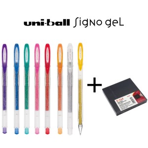 KIT CANETA SIGNO SPARKLING GLITTER 8 CANETAS UNIBALL + BLOCO ADESIVO EAGLE