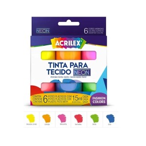 TINTA PARA TECIDO 6 CORES 15ML NEON ART TEEN ACRILEX