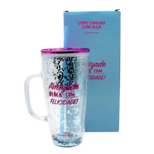 COPO CANUDO C/ ALÇA 750ML AMIZADE E FELICIDADE ZONA CRIATIVA